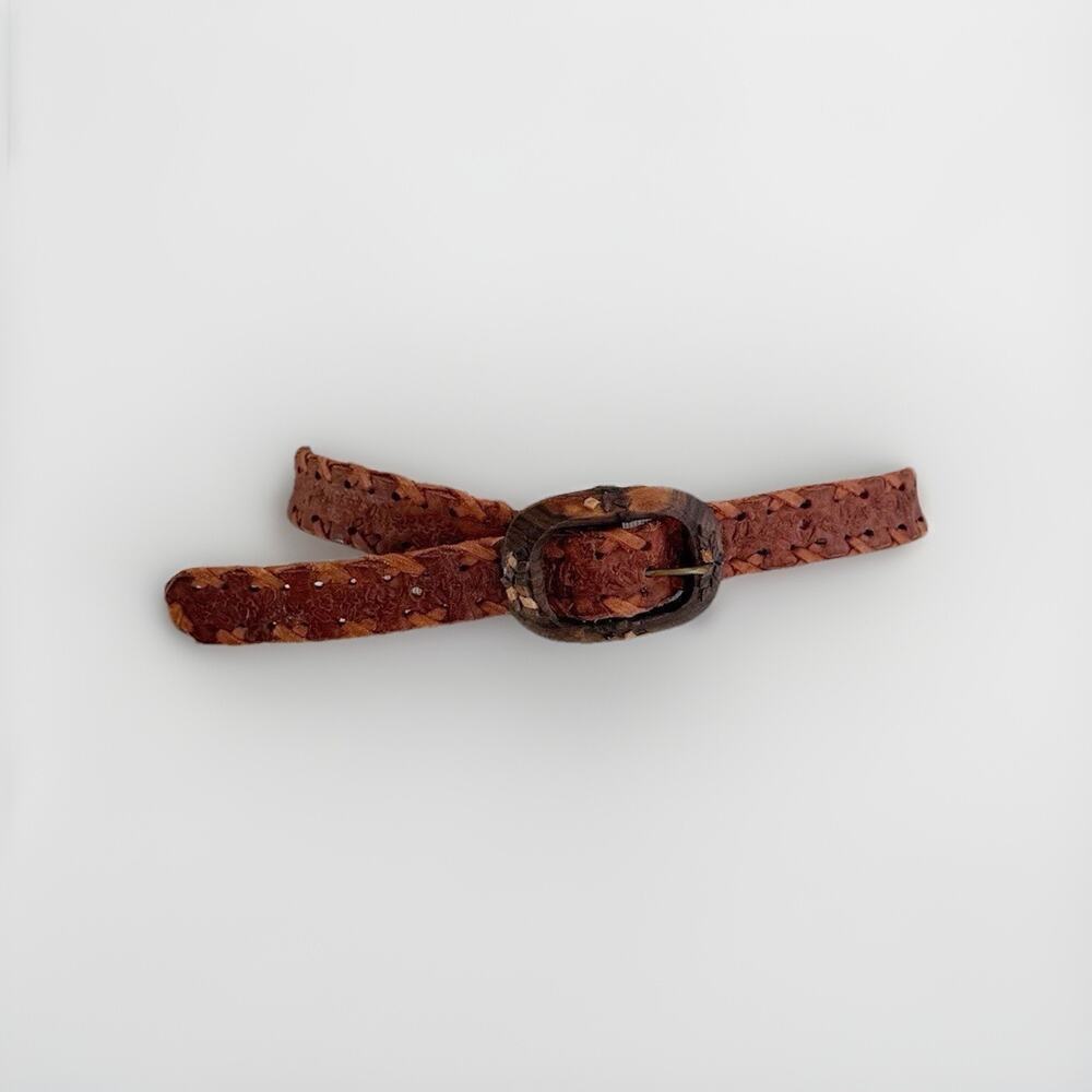 Vintage Hand Made Tooled Brown Western Leather Belt Mexico Wood Buckle 26-30 Sm